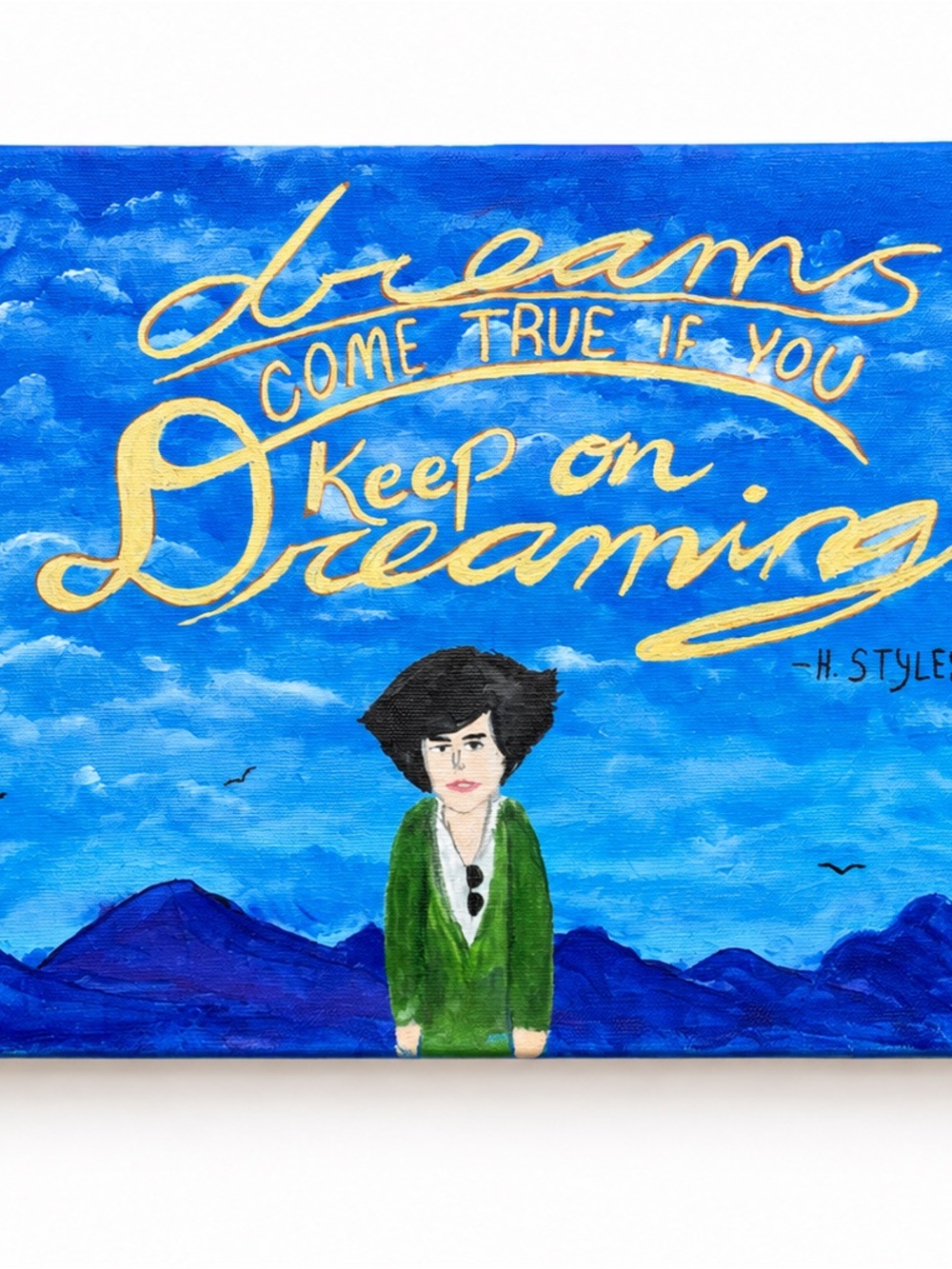 Harry Styles Dreams Come True Blue Wall Art Canvas with Gold Lettering
